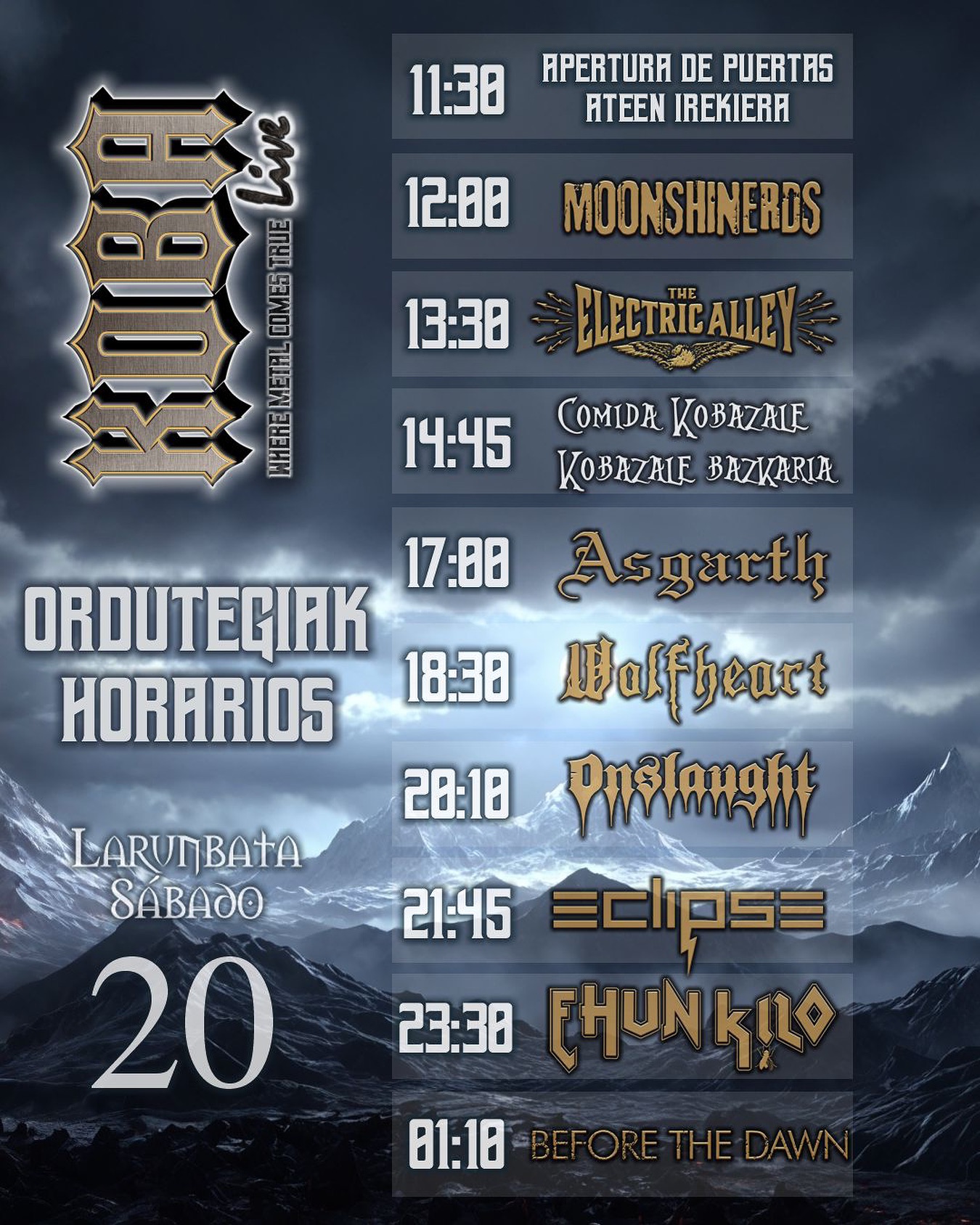 Un festival que contará, entre otros, con las actuaciones de Eclipse, Onslaught, Wolfheart, Before The Dawn, Asgarth... https://metaljournal.net/koba-live-2025-horarios-de-las-actuaciones/