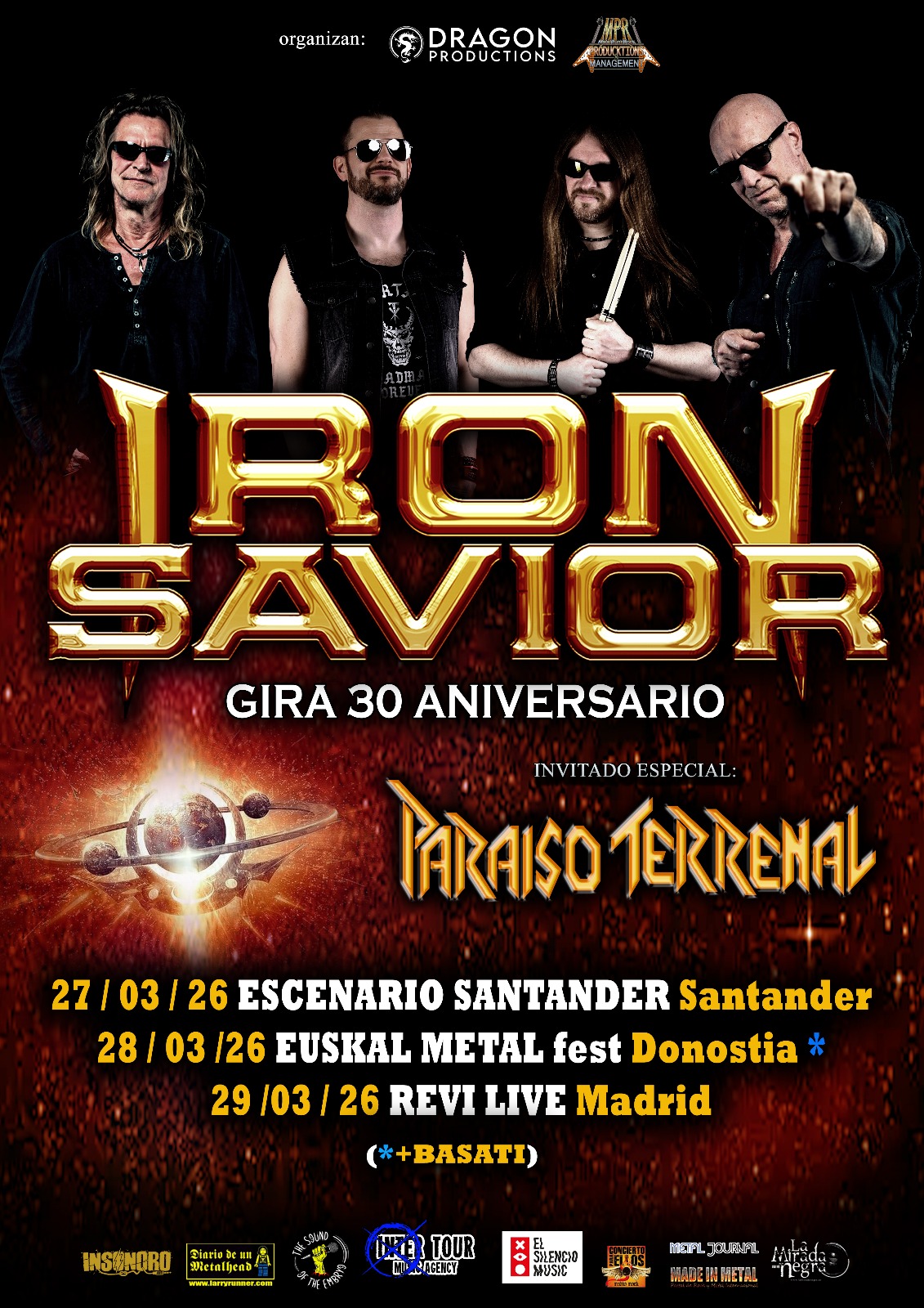 Iron Savior vendrán a España por partida doble en marzo del año que vienen. La banda alemana encabezada por Piet Sielck ha anunciado tres fechas en Santander (27 de marzo de 2026, Escenario Santander), San Sebastián (28 de marzo de 2026, Euskal Metal Fest Donostia, C.C. Larratxo) y Madrid (29 de marzo de 2026, Revi Live). Estarán acompañados por los vallisoletanos Paraíso Terrenal y en San Sebastián por Basati. Previamente Iron Savior había confirmado otras tres fechas, en las que estarán acompañados por Nurcry, en Castellón (5 de marzo de 2026, Terra, con Aasymar y Evanora), Murcia (6 de marzo de 2026, Spectrum, con Aasymar y Evanora) y Sevilla (7 de marzo de 2026, Sevilla Metal, con Nidhögg). MPR Producktions & Management: “Llega uno de los grandes tours de 2026, uno de los iconos del metal alemán que además también estarán de aniversario. 30 años nada menos y después de unos cuantos discos a sus espaldas, la banda creada por PIET SIELCK y KAI HANSEN hace tres décadas y después de actuar por el sur unas semanas antes, actuará en tres fechas por el centro y norte de la península. Los alemanes vendrán acompañados por los vallisoletanos PARAISO TERRENAL que estarán presentando su segundo disco "prisionero" y en la fecha de Donostia por BASATI. -Viernes 27 marzo sala ESCENARIO SANTANDER (Santander) Entradas: www.santanderescenario.com -Sábado 28 marzo C.C.LARRATXO CV EUSKAL METAL Fest (Donostia) + BASATI Entradas: 100 primeras entradas exclusivas A COLOR en txarlymetal@hotmail.com ó whatsapp al 688653949 -Domingo 29 marzo Sala REVI LIVE (Madrid) Entradas: Próximamente en www.bipbipticket.com 